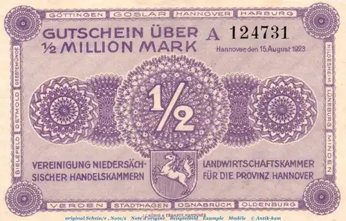 Banknote Ver. Handelskammer Hannover , halbe Million Mark Schein -A- in gbr. Keller 2169.a , von 1923 , Niedersachsen Inflation