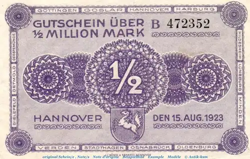 Banknote Ver. Handelskammer Hannover , halbe Million Mark Schein -B- in gbr. Keller 2169.b , von 1923 , Niedersachsen Inflation