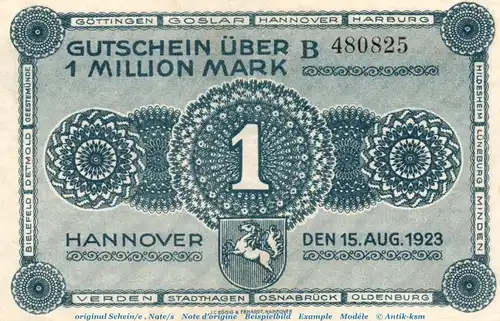 Banknote Ver. Handelskammer Hannover , 1 Million Mark Schein -B- in gbr. Keller 2169.b , von 1923 , Niedersachsen Inflation