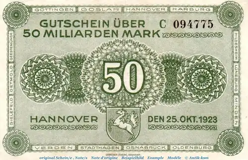 Banknote Ver. Handelskammer Hannover , 50 Milliarden Mark Schein -C- in gbr. Keller 2169.c , von 1923 , Niedersachsen Inflation