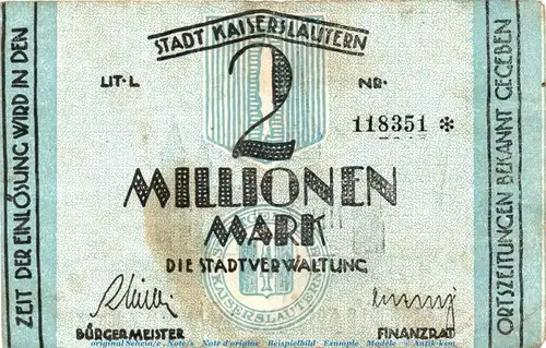 Banknote Stadt Kaiserslautern , 2 Millionen Mark Schein in gbr. Keller 2541.b , von 1923 , Pfalz Inflation