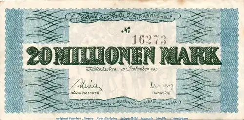 Banknote Stadt Kaiserslautern , 20 Millionen Mark braun in gbr. Keller 2541.f , von 1923 , Pfalz Inflation