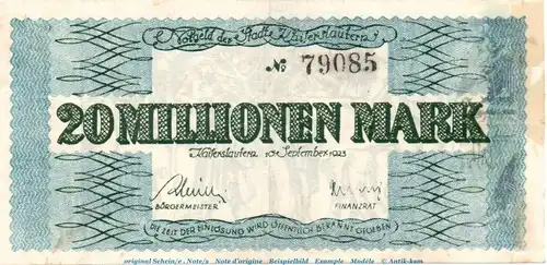 Banknote Stadt Kaiserslautern , 20 Millionen Mark schwarz in gbr. Keller 2541.e , von 1923 , Pfalz Inflation