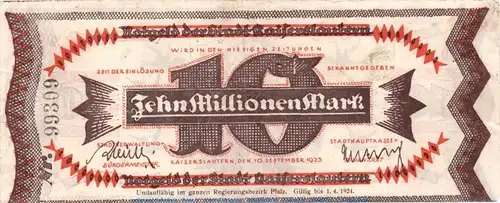 Banknote Stadt Kaiserslautern , 10 Millionen Mark Schein in gbr. Keller 2541.g , von 1923 , Pfalz Inflation
