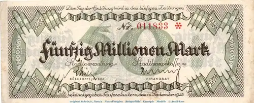 Banknote Stadt Kaiserslautern , 50 Millionen Mark Schein in gbr. Keller 2541.g , von 1923 , Pfalz Inflation