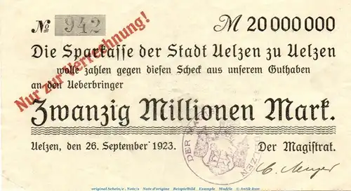 Scheck der Sparkasse Uelzen , 20 Millionen Mark in L-gbr. Keller 5258.c , von 1923 , Niedersachsen Inflation