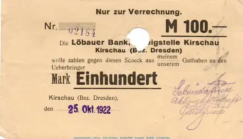 Banknote Gbr. Friese Kirschau , 100 Mark Scheck in gbr.E , Müller 2340.7 , von 1922 , Sachsen Inflation