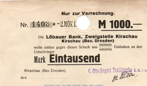 Banknote C. Otto Engert Kirschau , 1.000 Mark Scheck in gbr.E , Müller 2335.5 , von 1922 , Sachsen Inflation