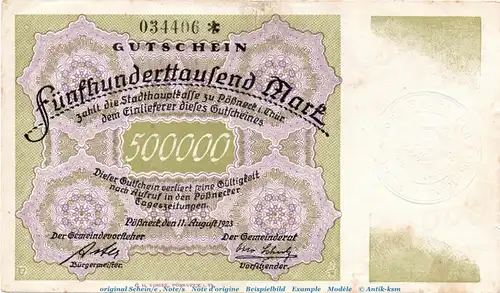 Banknote Stadt Pößneck , 500.000 Mark Schein in gbr. Keller 4355. von 1923 , Thüringen Inflation