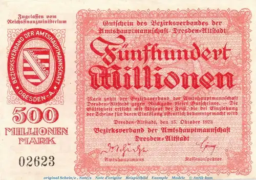 Banknote Altstadt Dresden , 500 Millionen Mark Schein in kfr. Keller 1120.g von 1923 , Sachsen Inflation