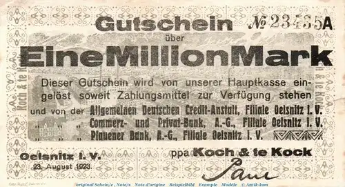 Banknote Koch und te Kock Oelsnitz , 1 Million Mark Schein in gbr. Keller 4108.h von 1923 , Sachsen Inflation