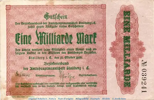 Banknote Bezirksverband Stollberg , 1 Milliarde Mark Schein in gbr. Keller 4892.i von 1923 , Sachsen Großnotgeld