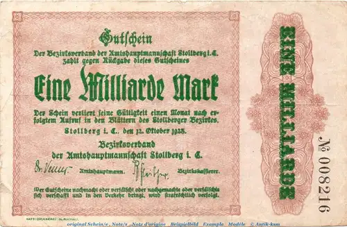 Banknote Bezirksverband Stollberg , 1 Milliarde Mark Schein in gbr. Keller 4892.k von 1923 , Sachsen Großnotgeld