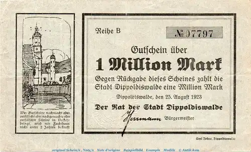 Banknote Stadt Dippoldiswalde , 1 Million Mark Schein in gbr. Keller 1025.b von 1923 , Sachsen Inflation