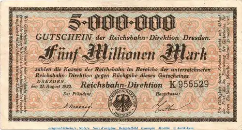 Banknote Reichsbahn Dresden , 5 Millionen Mark Schein in gbr. Keller 1104.g von 1923 , Sachsen Inflation