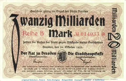 Banknote Rat zu Dresden , 20 Milliarden Mark Schein in f-kfr. Keller 1072.k von 1923 , Sachsen Inflation