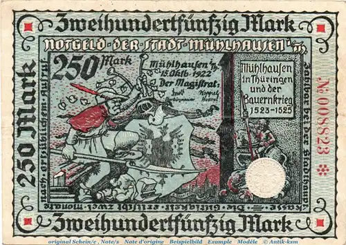 Banknote Stadt Mühlhausen , 250 Mark Schein in gbr. Müller 3000.1 von 1922 , Thüringen Großnotgeld