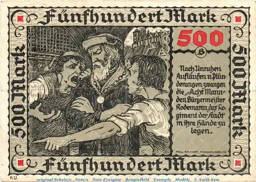 Banknote Stadt Mühlhausen , 500 Mark Schein in gbr. Müller 3000.2 von 1922 , Thüringen Großnotgeld