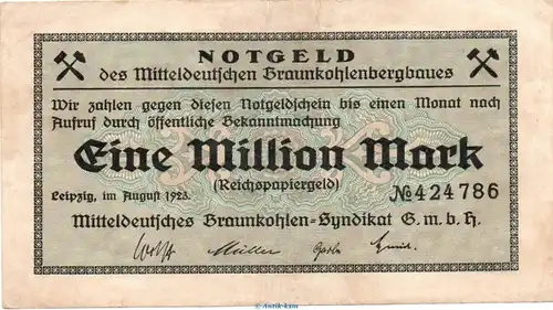 Banknote Braunkohle Syndikat Leipzig , 1 Millionen Mark fHs in gbr. Keller 3086.b von 1923 , Sachsen Inflation