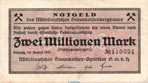 Banknote Braunkohle Syndikat Leipzig , 2 Millionen Mark in gbr. Keller 3086.a von 1923 , Sachsen Inflation