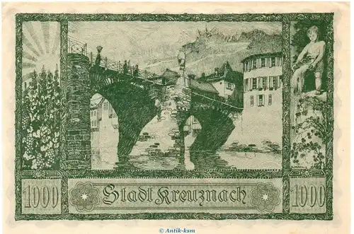 Banknote Stadt Kreuznach , 1.000 Mark Schein in kfr. Müller 2495.1.b von 1922 Rheinland Großnotgeld Inflation