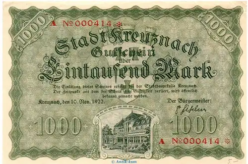 Banknote Stadt Kreuznach , 1.000 Mark Schein in kfr. Müller 2495.1.b von 1922 Rheinland Großnotgeld Inflation