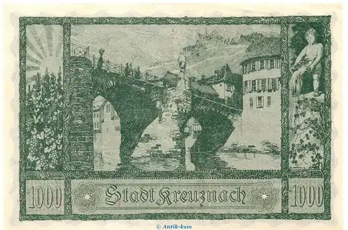 Banknote Stadt Kreuznach , 1.000 Mark Schein in kfr. Müller 2495.1.e von 1922 Rheinland Großnotgeld Inflation