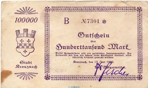 Kreuznach , Notgeld 100.000 Mark Schein in gbr. Keller 2812... Rheinland 1923 Grossnotgeld Inflation