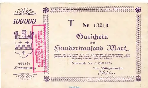 Banknote Stadt Kreuznach , 100.000 Mark Zonenstempel in gbr. Keller 2812.e von 1923 Rheinland Grossnotgeld Inflation