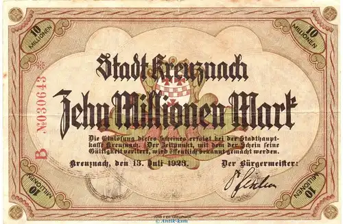 Banknote Stadt Kreuznach , 10 Millionen Mark Schein in gbr. Keller 2812.d von 1923 Rheinland Grossnotgeld Inflation