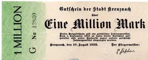 Banknote Stadt Kreuznach , 1 Million Mark Schein in kfr. Keller 2812.f von 1923 Rheinland Grossnotgeld Inflation