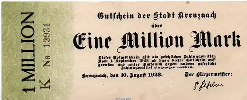 Banknote Stadt Kreuznach , 1 Million Mark Schein in L-gbr. Keller 2812.f von 1923 Rheinland Grossnotgeld Inflation