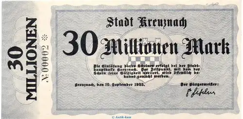 Banknote Stadt Kreuznach , 30 Millionen KN 00002 in kfr. Keller 2812.h von 1923 Rheinland Grossnotgeld Inflation