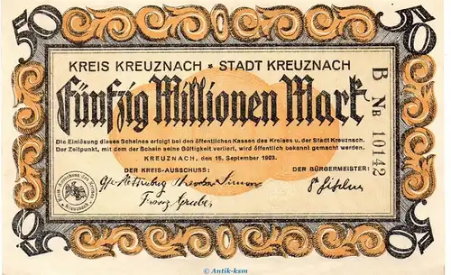 Banknote Kreis und Stadt Kreuznach , 50 Millionen Mark Schein in kfr. Keller 2813.a von 1923 Rheinland Grossnotgeld Inflation