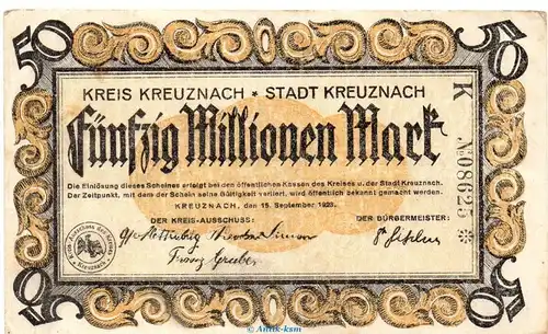 Banknote Kreis und Stadt Kreuznach , 50 Millionen Mark Schein in L.gbr. Keller 2813.b von 1923 Rheinland Grossnotgeld Inflation