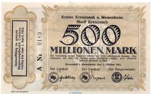 Banknote Kreise Kreuznach und Meisenheim , 500 Millionen Mark Schein in kfr. Keller 2814.a von 1923 Rheinland Grossnotgeld Inflation