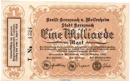 Banknote Kreise Kreuznach und Meisenheim , 1 Milliarde Mark Schein in kfr. Keller 2814.b-c von 1923 Rheinland Grossnotgeld Inflation