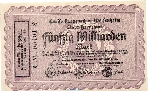 Banknote Kreise Kreuznach und Meisenheim , 50 Milliarden Mark Schein in kfr. Keller 2814.b von 1923 Rheinland Grossnotgeld Inflation