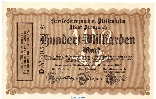 Banknote Kreise Kreuznach und Meisenheim , 100 Milliarden Mark in kfr. Keller nicht geführt von 1923 Rheinland Grossnotgeld Inflation