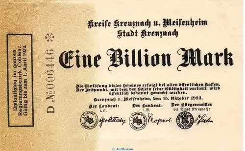 Banknote Kreise Kreuznach und Meisenheim , 1 Billion Mark in kfr. Keller 2814.d von 1923 Rheinland Grossnotgeld Inflation