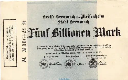 Banknote Kreise Kreuznach und Meisenheim , 5 Billionen Mark in kfr. Keller 2814.d von 1923 Rheinland Grossnotgeld Inflation