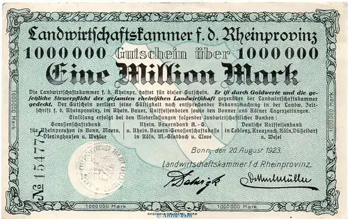 Banknote Landwirtschaftkammer Bonn , 1 Million Mark in f-kfr. Keller 524.a von 1923 Rheinland Grossnotgeld Inflation