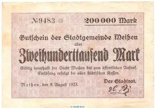 Banknote Stadt Meissen , 200.000 Mark Schein in gbr. Keller 3505.b von 1923 , Sachsen Inflation
