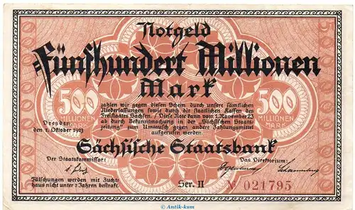 Banknote Sächs. Staatsbank Dresden , 500 Millionen Mark Schein in gbr. Keller 1109.c von 1923 , Sachsen Inflation