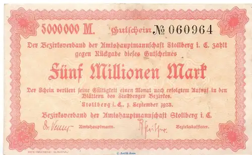 Banknote Amtshauptmannschaft Stollberg , 5 Million Mark Schein in f-kfr. Keller 4892.e von 1923 , Sachsen - Inflation