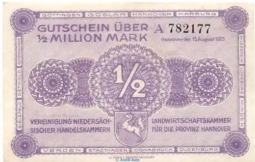 Banknote Handelskammer Hannover , halbe Million Mark Schein -A- in kfr. Keller 2169.a von 1923 , Niedersachsen Inflation