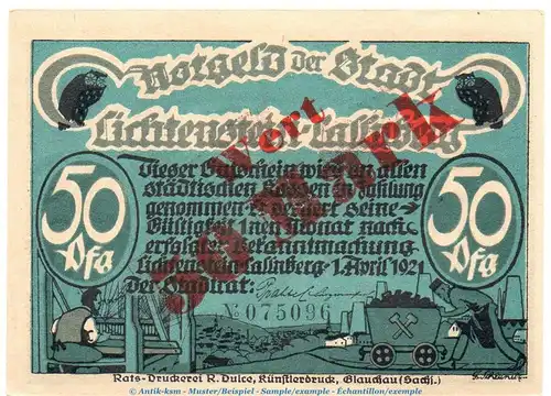 Banknote Lichtenstein Callnberg , 50 Mark Überdruck Schein in kfr. Müller 2715.1.b o.D. Sachsen Grossnotgeld