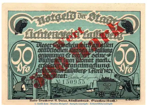 Banknote Lichtenstein Callnberg , 500 Mark Überdruck Schein in kfr. Müller 2715.4 o.D. Sachsen Grossnotgeld