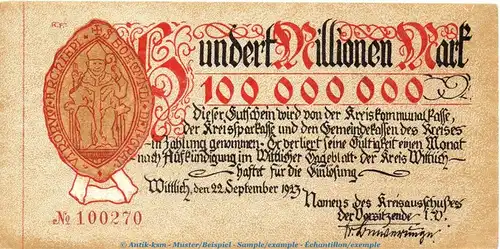 Notgeld Kreis Wittlich , 100 Millionen Mark in l-gbr. Keller 5682.g von 1923 , Rheinland Inflation
