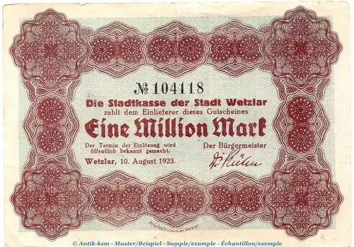 Notgeld Stadt Wetzlar , 1 Million Mark in gbr. Keller 5594.a von 1923 , Rheinland Inflation